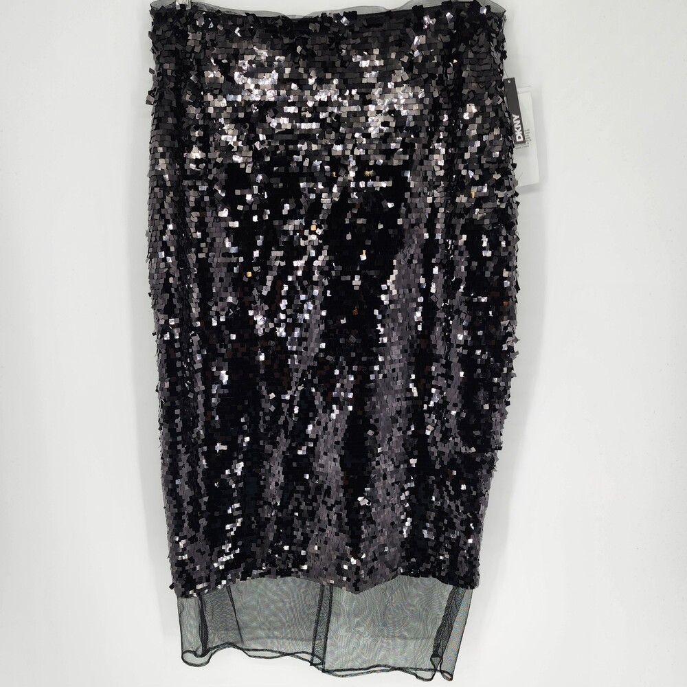 DKNY NWT DKNY Size M Black Metallic Square Sequin Mesh Trim Midi Pencil Skirt